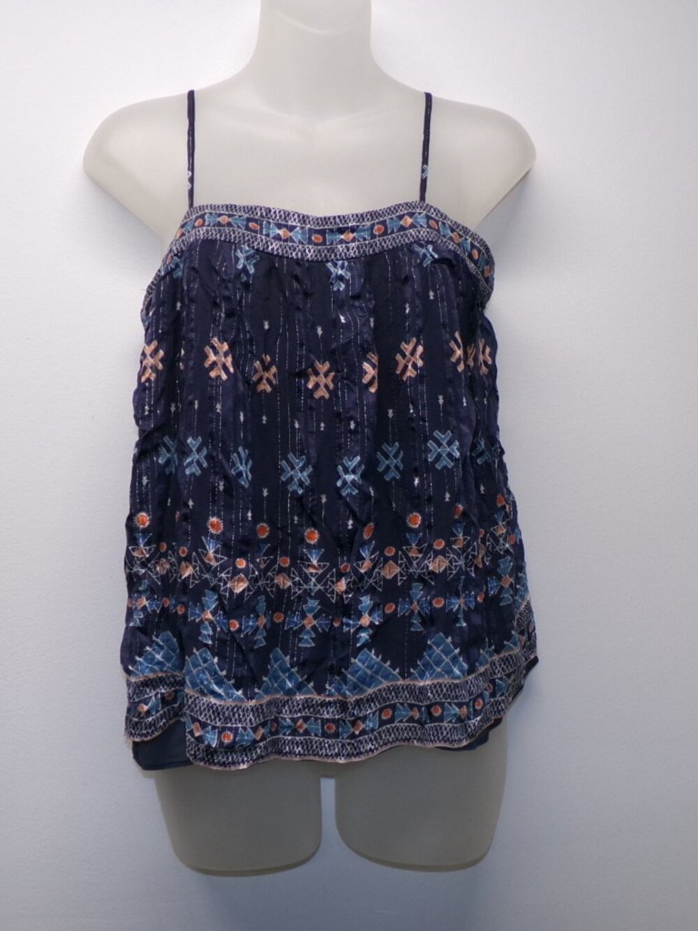 Joie Silk Blue Orange Silver Geometric Printed Lined Tank Top sz S Boho